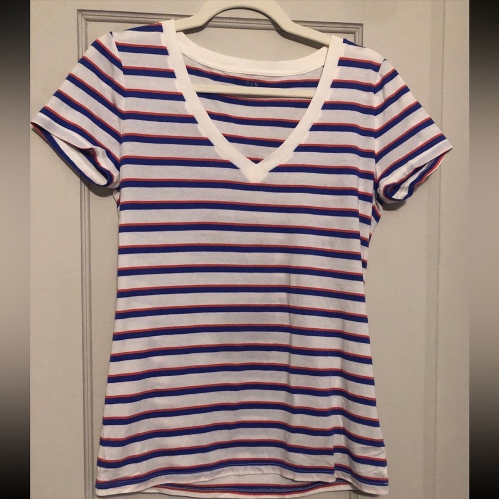 GAP Vintage Wash Blue and Orange Striped V-Neck T-shirt